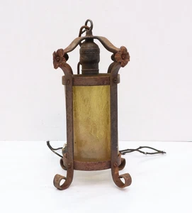 ATQ ART DECO SPANISCH Bernstein Crackle GLASSCHIRM PENDELLEUCHTE DECKE VINTAGE LEUCHTE - Bild 1 von 10