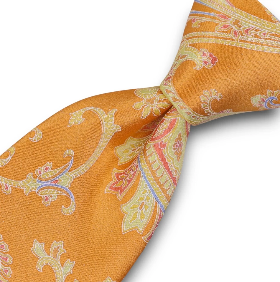 Valentino 100% Silk Necktie Orange Yellow Blue Paisley Print Italy Recent - Image 1 of 4