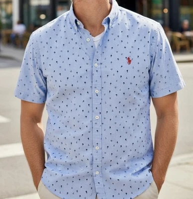 Camisa Polo EE. UU. Manga Corta Cuello Azul Abotonada Geométrica Palmera 2XL Foto 1 de 4