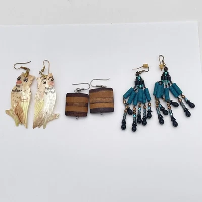 Juego de Pendientes Colgantes Cuentas Cuadradas Madera Madreperla Búho Boho Vintage Foto 1 de 4