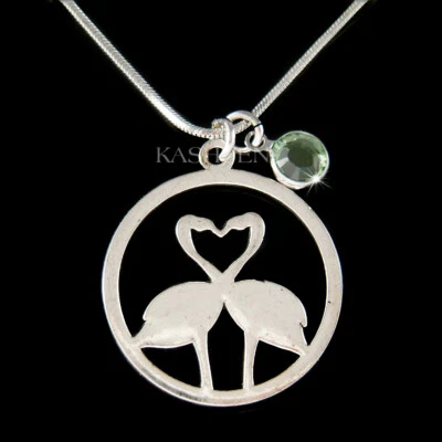Personalisierter Flamingo Liebe Vogel Rund Kristall Geburtsstein Anhänger Kette - Bild 1 von 4