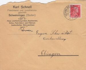 SCHWENNINGEN, Briefumschlag 1928, Karl Schnell Flaschnerei Installationsgeschäft