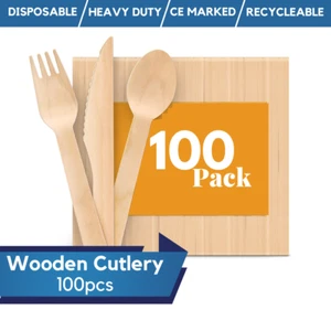 Juego de cubiertos de madera biodegradables, desechables cuchillos de madera tenedores de madera cucharas de madera - Imagen 1 de 10