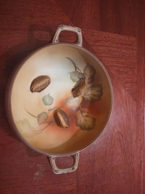 Antique Nippon Chestnut Bowl 7" Hand Painted Raised Relief Handled Bowl Excellen - Image 1 of 4