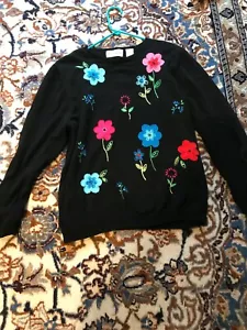 Vintage Women's Alfred Dunner Long Sleeved Floral Sweater XL 100% Cotton Black - Picture 1 of 8