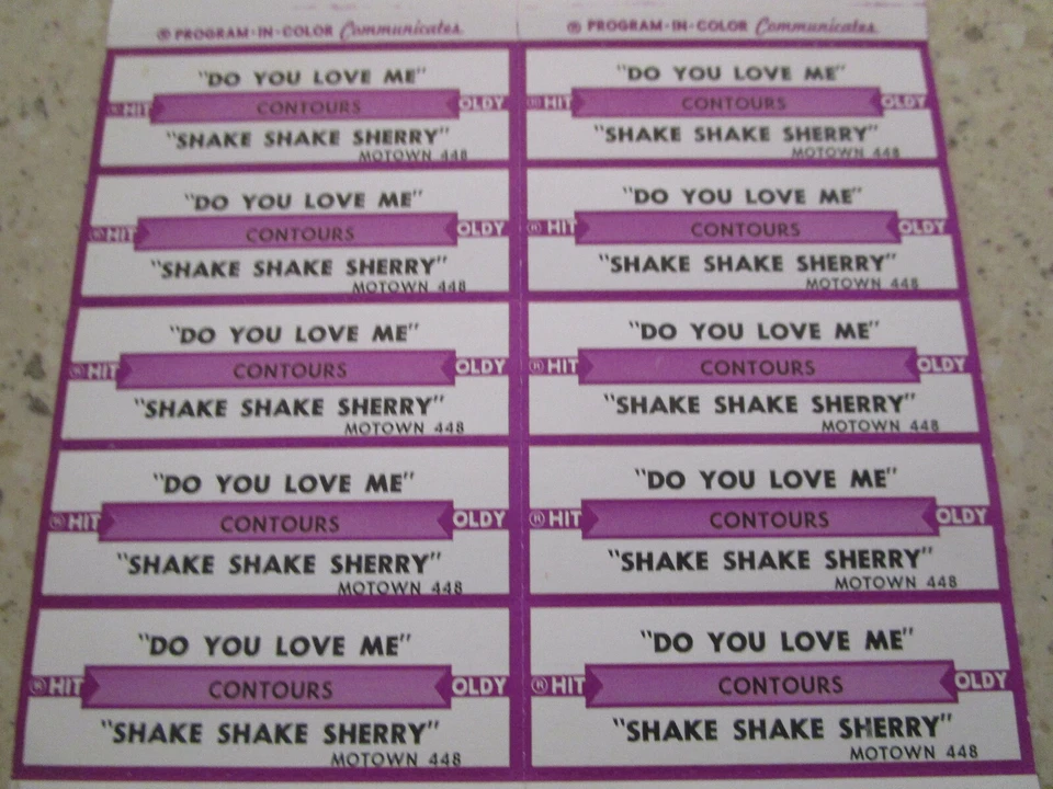 10 Vtg CONTOURS Do You Love Me/ Shake Sherry Jukebox FULL Title Strips - Image 1 of 1