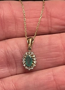 10k Yellow Gold Diamond Emerald Pendant Necklace 20”. - Picture 1 of 10
