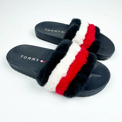 Tommy Hilfiger Slides Youth Size 2 Fuzzy Red White Blue Stripe - Image 1 of 4