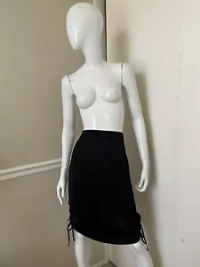 DKNY Black Silky Viscose Satin Rear Zip Pencil Skirt w/ Side Ties/Ruching Sz 12 - Picture 1 of 6