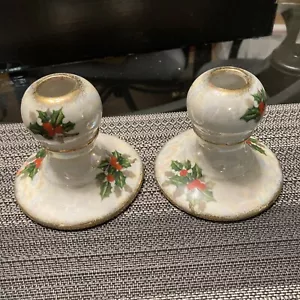 Vintage Ucagco Lusterware Christmas Holly Berry Candle Holder Pair, Japan Made - Picture 1 of 10