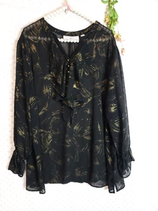 Avenue Top Womens Size 18 20 Black Gold Long Sleeve Blouse Semi-Sheer Shirt - Picture 1 of 7