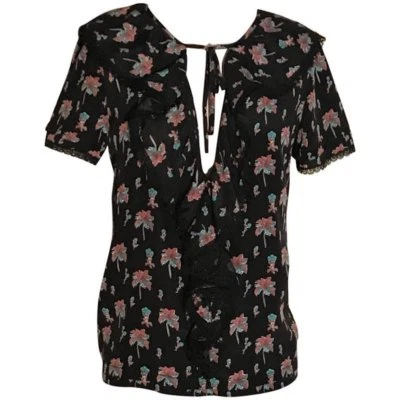 Prada Palm Tree Print Black Silk Lace Trim Ruffle Top IT 42 6/8 - Image 1 of 4