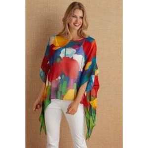 Top donna seta morbidi dintorni L/XL blu rosso acquerello asimmetrico floreale - Foto 1 di 8