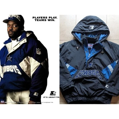 Dallas Cowboys 90s STARTER Puffer EMMITT 1/2 Pullover Chaqueta L Negro NFL Pro De Colección Foto 1 de 4
