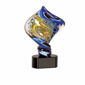 Hand Made glass art sculpture Diamond Twist GOLD & BLUE With Wooden Base 11" - Picture 1 of 1