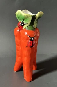 Colorful Handcrafted Studio Art Pottery Orange Carrot & Red Ladybug Ceramic Vase - Picture 1 of 19