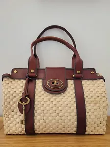 Fossil Woven Hyacinth Chestnut Leather Trim Large Handbag -Antique Brass Details - Picture 1 of 22