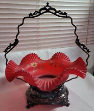 Antique Brides Basket Hand Painted Pigeon Blood Red Ruffled Edge Silver Plate