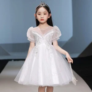 Girls Childrens Mesh Fairy Dress Glitter Sequins Ball Gown Piano Perform Elegant - Picture 1 of 19