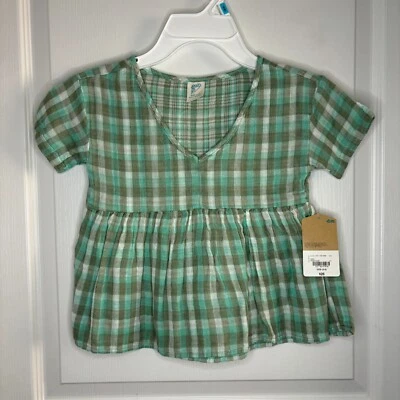 Thereabouts Girls Kids V Neck Short Sleeve Green Plaid Blouse, XXS NEW - Image 1 of 3