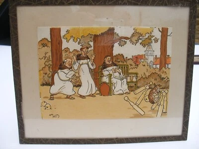 HARRY ELIOTT estampe au pochoir encadrée humoristique moines jeu de quilles - Photo 1/3