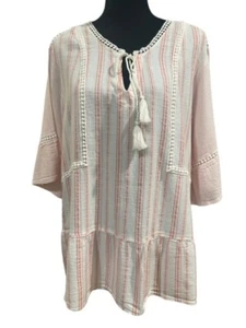 Vintage America Womens Blouse Size 3X Pink White Stripe Tassel Tie Short Sleeves - Picture 1 of 7