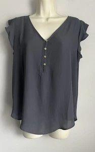 New Loft Women’s Dark Gray Ruffle Cap Sleeve V Neck Chiffon Blouse Top Size 10 - Picture 1 of 7