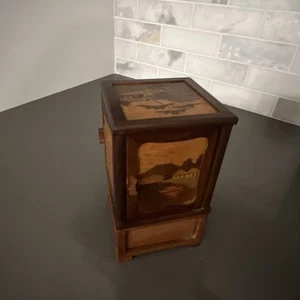 Antique Inlaid Wood Cigarette Box cabinet 6 in H, 3.5 W - Picture 1 of 13