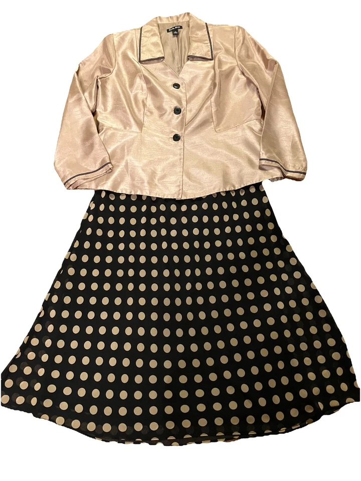 DANA KAY Talla 14 Champagne Dorado y Negro Lunares 2 Piezas Falda Traje Chaqueta Conjunto Foto 1 de 4