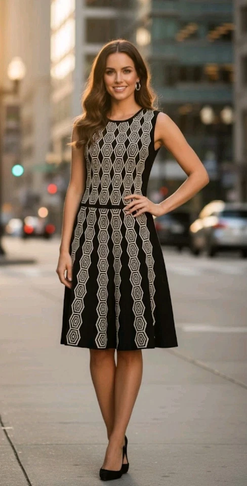 Vestido Rosa Tartán Diseñador 4 Pequeño Negro Elastizado Línea A Midi Hexagonal en la Ciudad Usado en Excelente Condición Foto 1 de 4