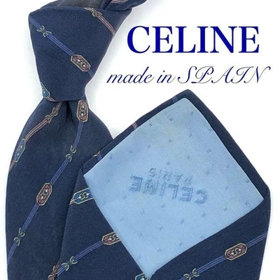 CELINE Navy Striped Logo Silk Necktie Used - Image 1 of 4