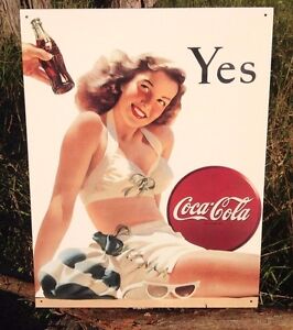 Vintage Coca Cola Sign Tin Metal Soda Pop Bottle Advertising Yes Girl Swim Suit