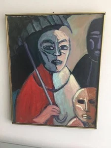 Manny Blanc signiert 1970 gelisteter Künstler MCM Gemälde Mutter Kind Regenschirm gerahmt - Bild 1 von 6