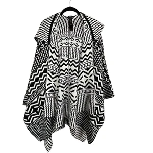 White House Black Market Size XS/S Sweater Hooded Poncho Black White Tribal - Picture 1 of 5