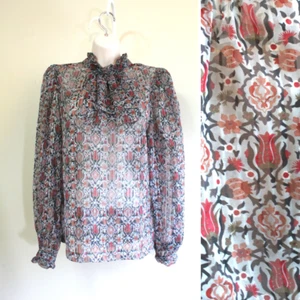 College Town Shirt Womens L runs M VTG 70s Chiffon Floral Button Jabot Academia - Picture 1 of 7