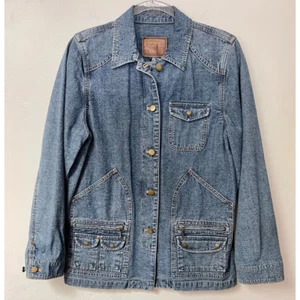 Lauren Jeans Co. Jean Jacket Women Petite M Blue Denim Buttons Many Pockets Cuff - Picture 1 of 7