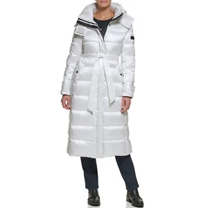 NEW Karl Lagerfeld Puffer Coat Maxi Length Belted Hooded Winter White Size Small - Picture 1 of 8