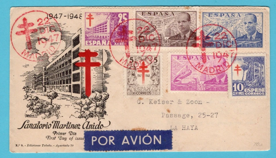 SPAIN FDC Sanatorio Martinez Anido 1947 Madrid to The Hague, Netherlands - Image 1 of 2
