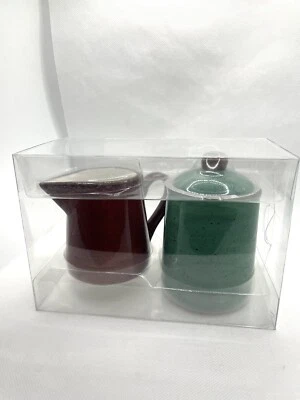NIB Gibson Home Ceramic Cream & Sugar Set, Red & Green Pottery Farmhouse Style - Image 1 of 4