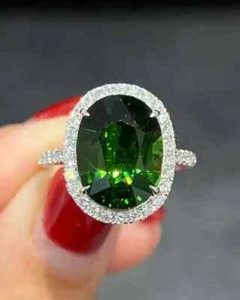 3Ct Oval Cut Simulated Emerald & Diamond Halo Ring Silver 14k White Gold Plated - Picture 1 of 9