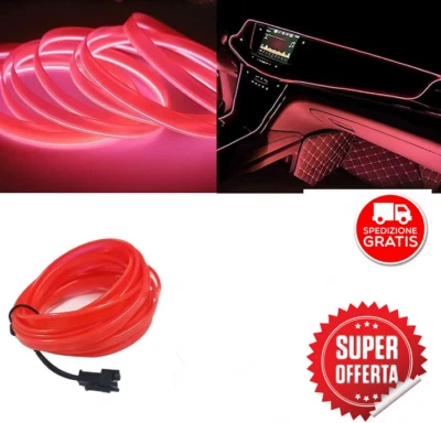 STRISCIA INTERNI LUCE AUTO FIBRA OTTICA 12V DECORAZIONE FILO 5MT rosso usb - Immagine 1 di 2