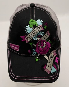 Ed Hardy TRUE TO MY LOVE Womens Rose Trucker Hat Black Gray Adjustable Snap Back - Picture 1 of 13