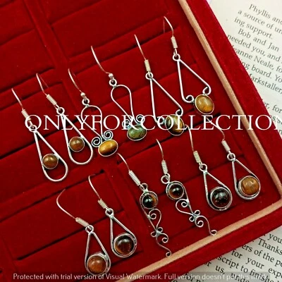 Pendientes de gancho de diseñador enchapados en plata de ley 925 con piedras preciosas de ojo de tigre natural Foto 1 de 3