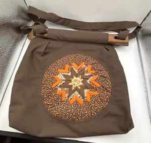 Retro 1970s Vintage Quilted Brown Tote Sewing Handbag W/ Wood Top Granny Core - Picture 1 of 10