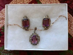 Estate STERLING SILVER MARCASITE & AMETHYST Necklace Earring Set Signed MT - Picture 1 of 15
