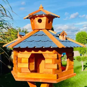 DARLUX Vogel Futter Haus XXL Futterstelle Sechseck Holz Vogelhaus Braun/ Blau - Bild 1 von 6