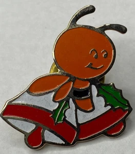 Orange Bee Christmas pin label pinback Holiday red & white bells w/ holly reef - Picture 1 of 3