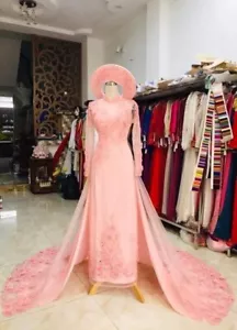 Glamorously Long Train Vietnamese Wedding Áo Dài, Beaded W/Pants. L, XL, 2XL,3XL - Picture 1 of 3