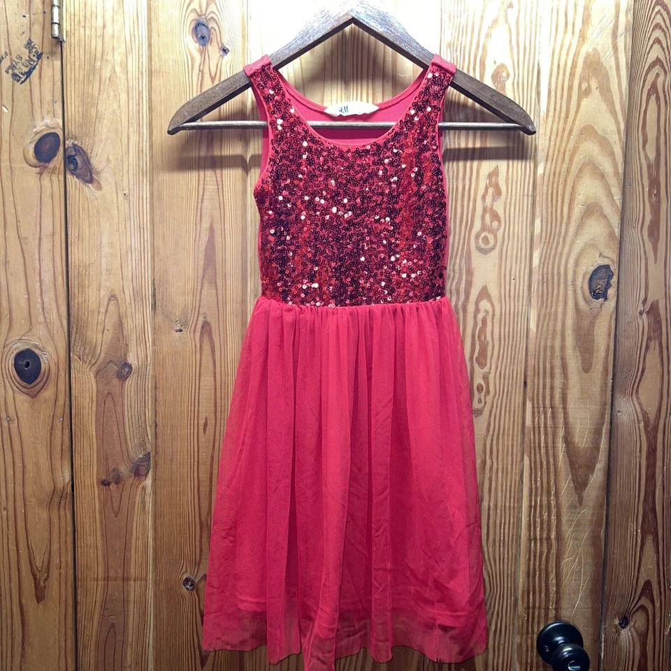 Vestido H&M Lentejuelas Tul Sin Mangas Forrado Rojo Niñas Talla 13-14 Usado en Excelente Condición Foto 1 de 4