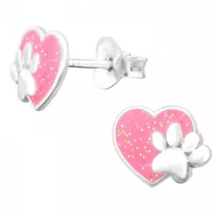 Damen Glitzer Rosa Herz Pfoten Ohrstecker 925 Silber Mädchen Ohrringe Kinder - Bild 1 von 3